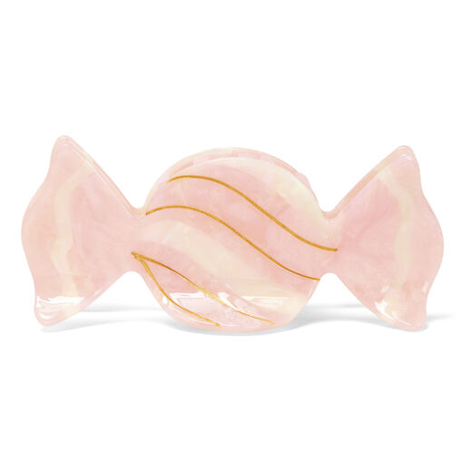 Hair claw in the shape of a pink wrapped candy.